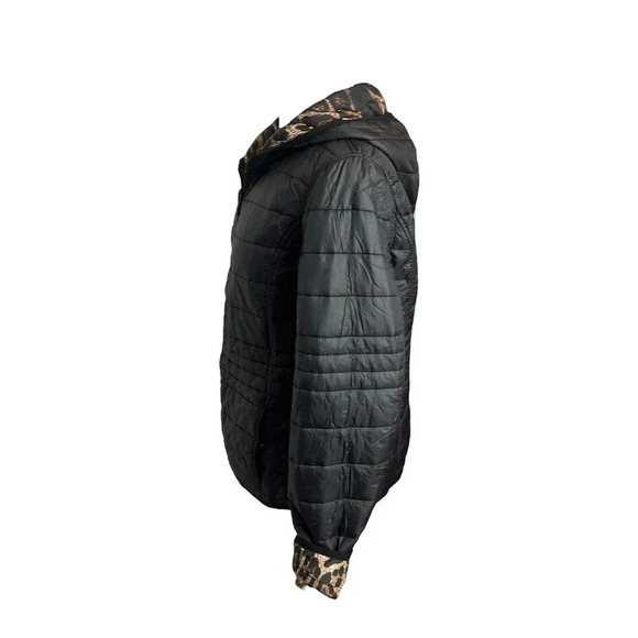 Dressbarn M‎ black + leopard print reversible hooded puffer jacket with pockets - Picture 6 of 8